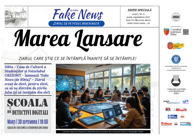 Afișul lansării „Fake News de Sibiu” – Școala de detectivi online